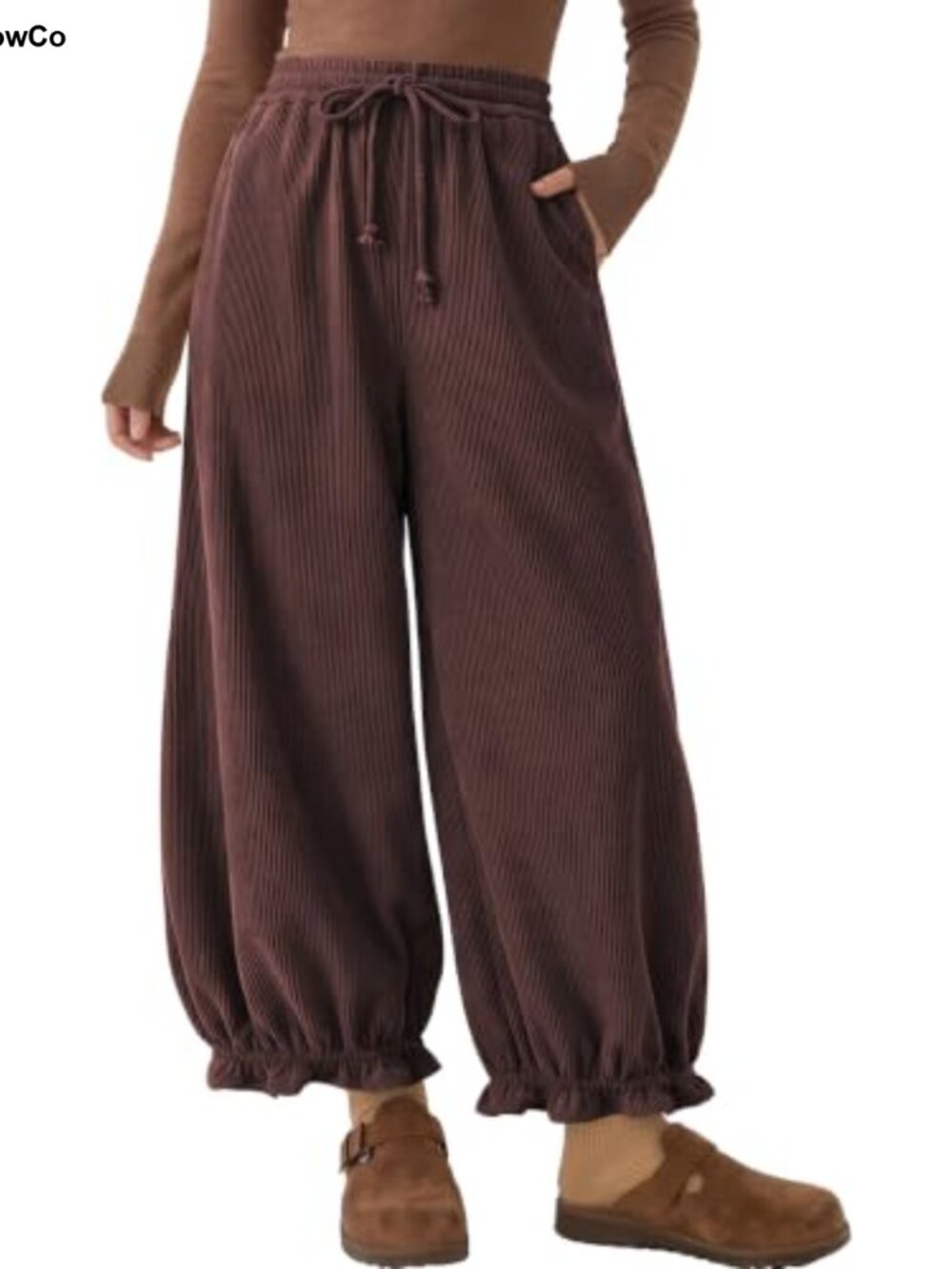 Womens Corduroy Harem Pants Ruffle Pleated Loose Lounge Trousers Pockets
